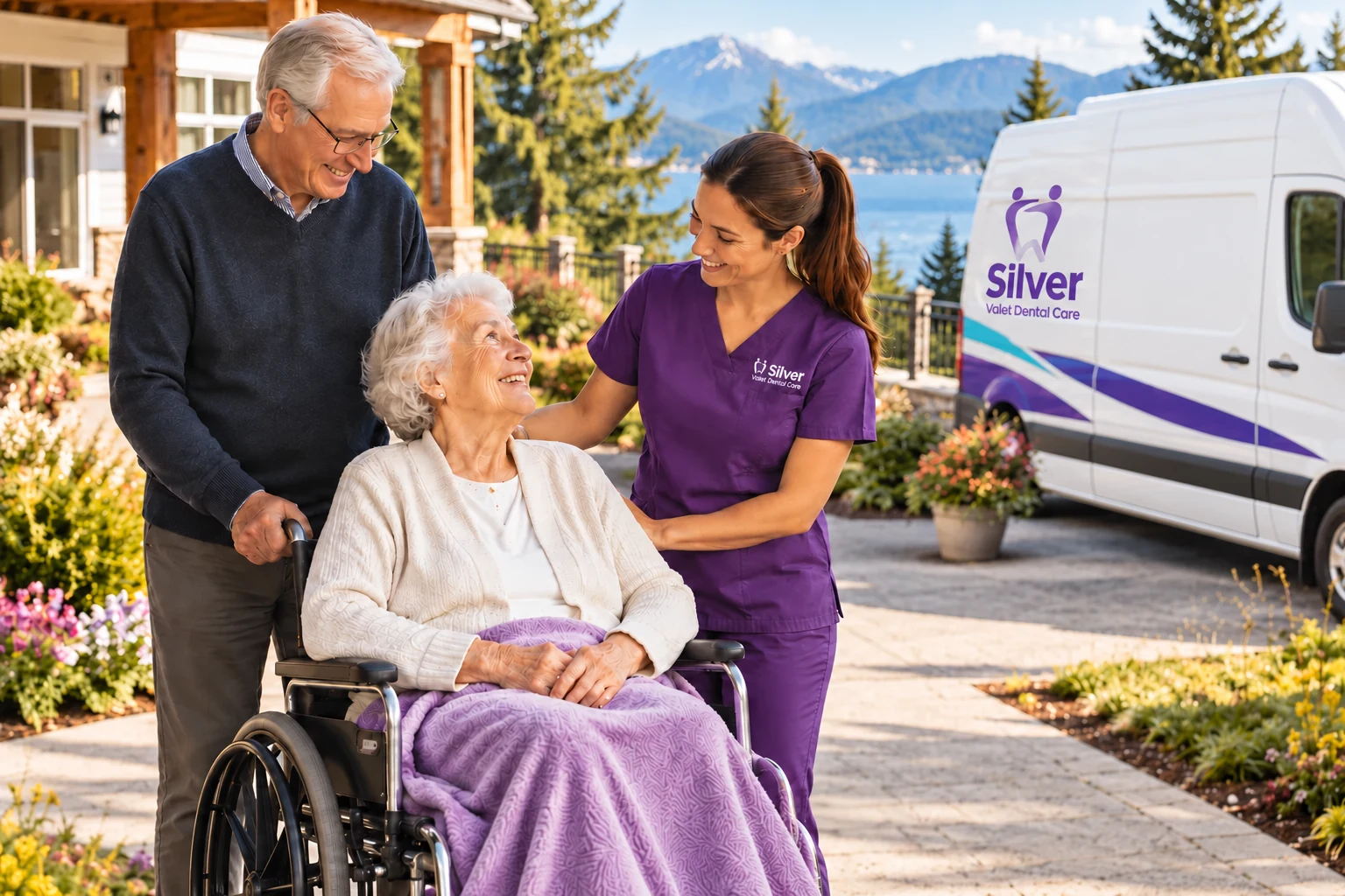 Silver Valet care team with a senior and family beside a mobile clinic