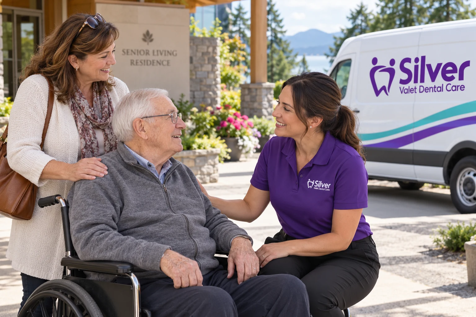 Senior patient, family and mobile dental care team
