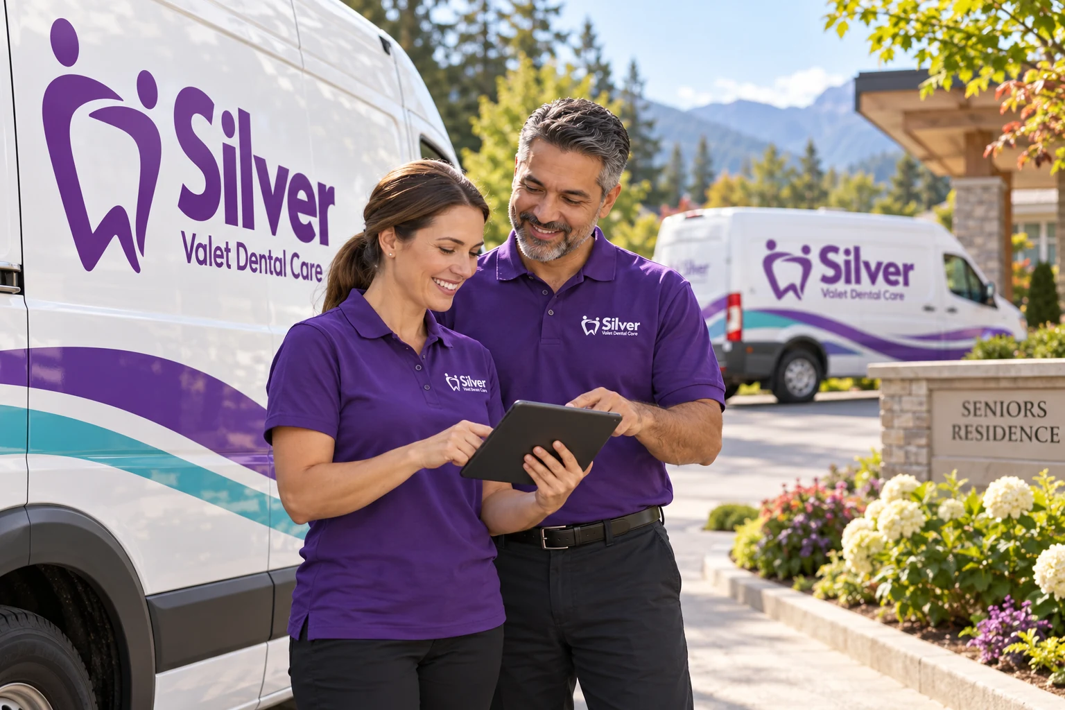 Silver Valet team collaborating beside branded mobile clinics