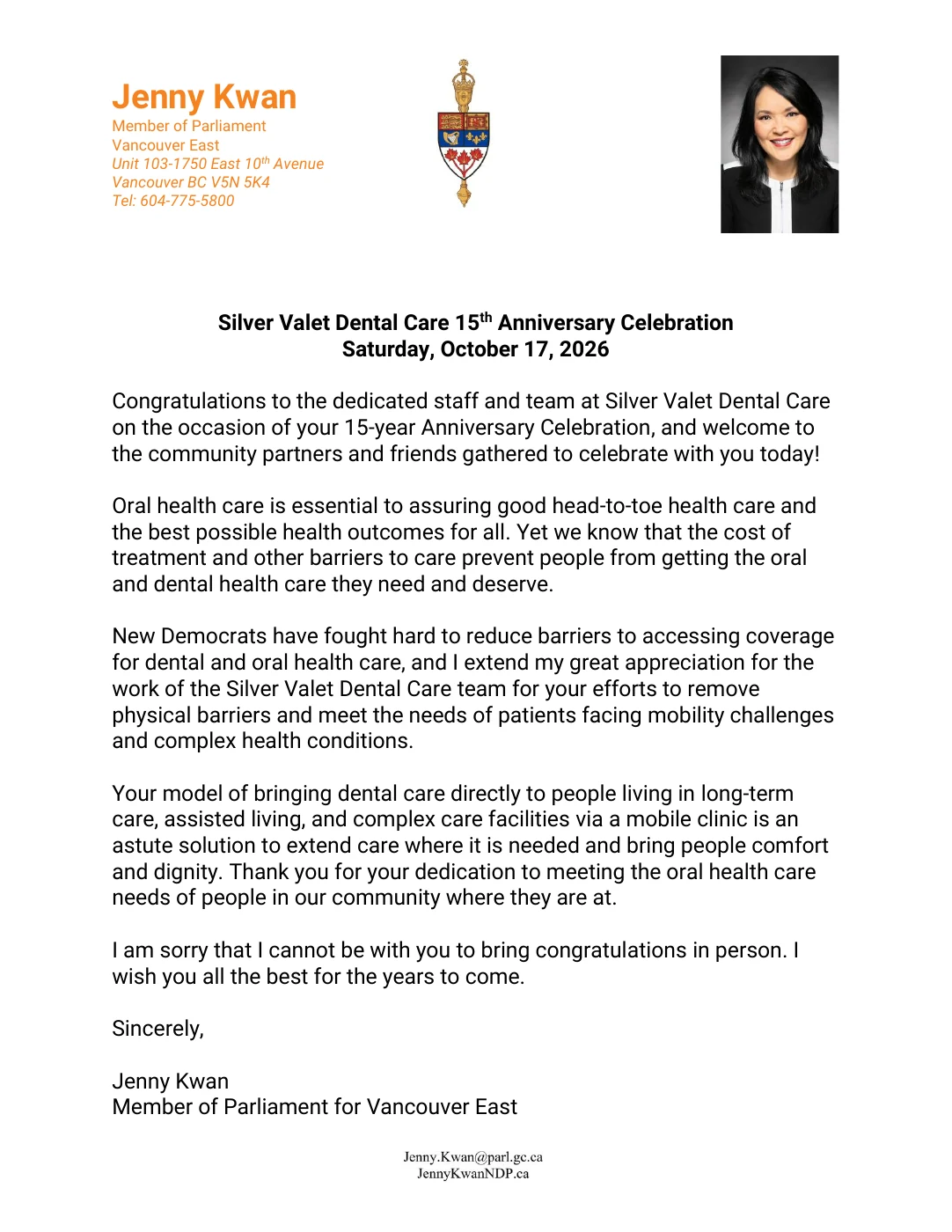 Letter from MP Jenny Kwan