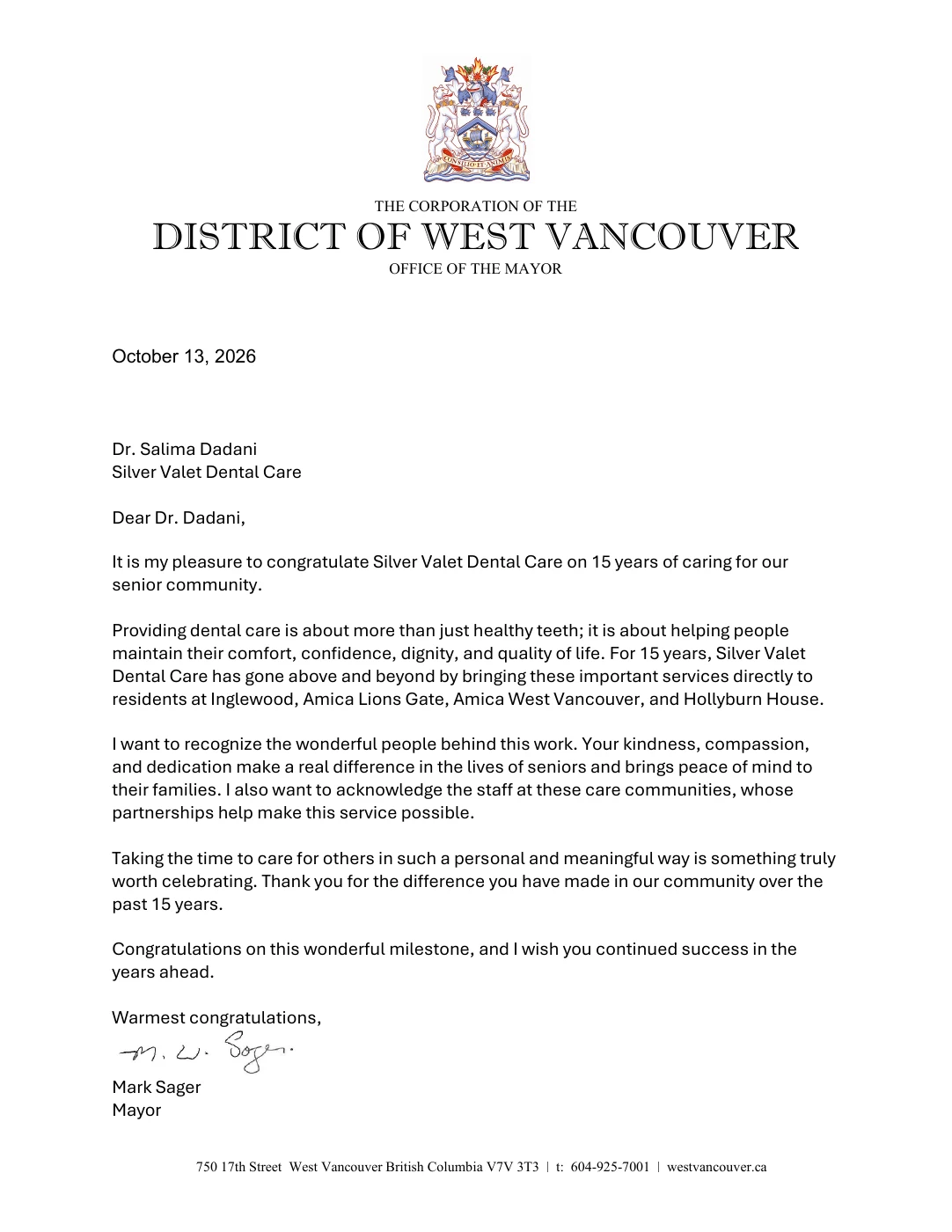 Letter from Mayor Mark Sager
