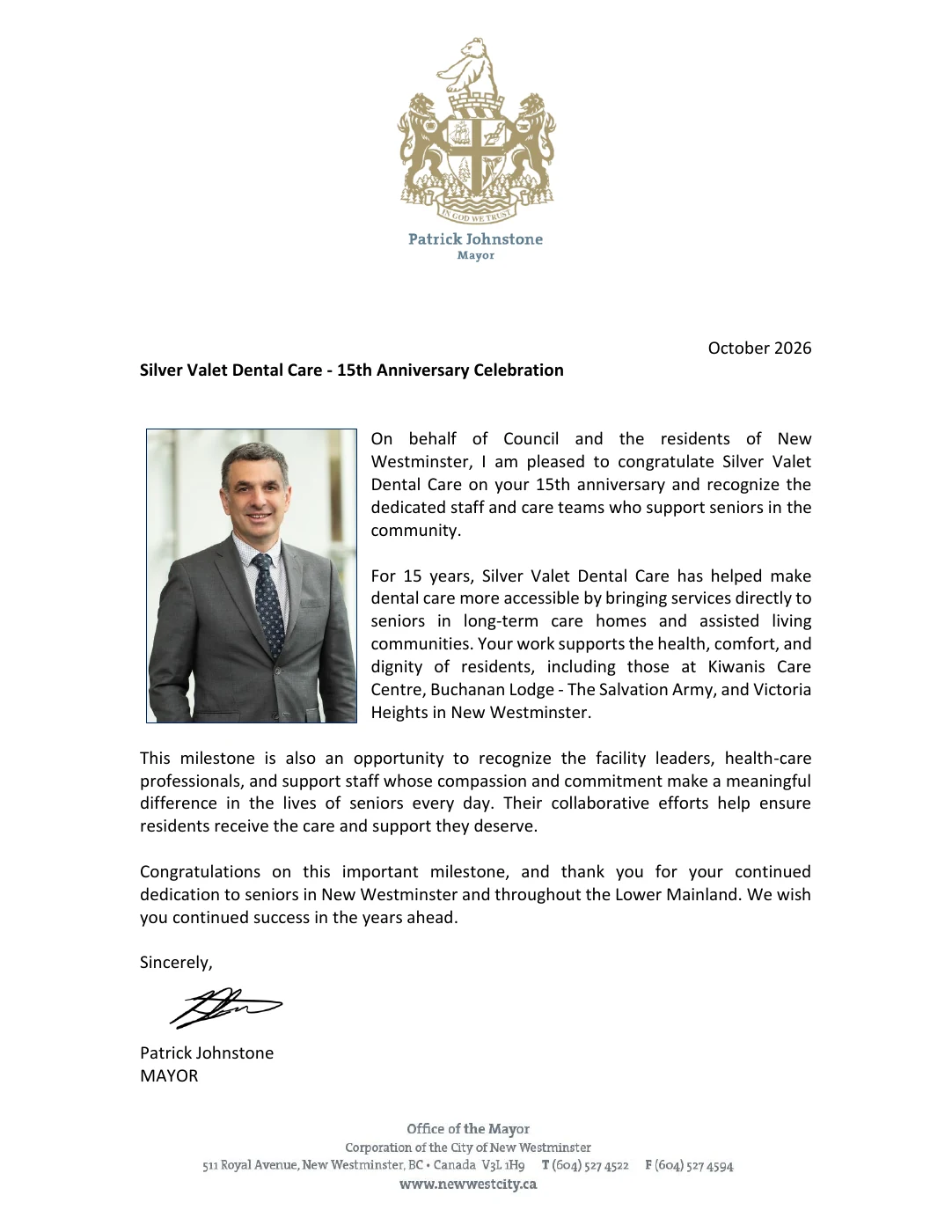 Greetings from Mayor Patrick Johnstone