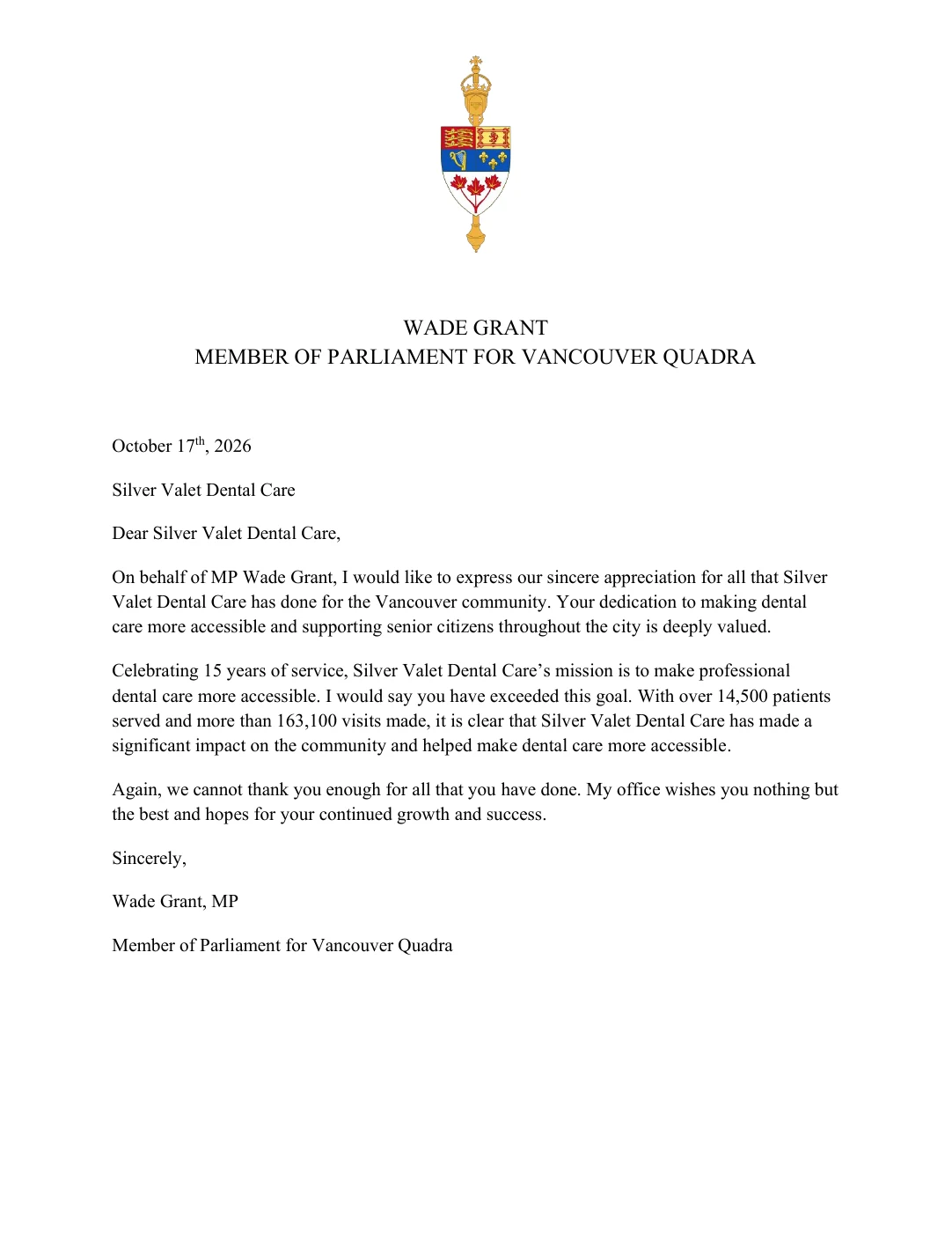 Appreciation from Office of MP Wade Grant