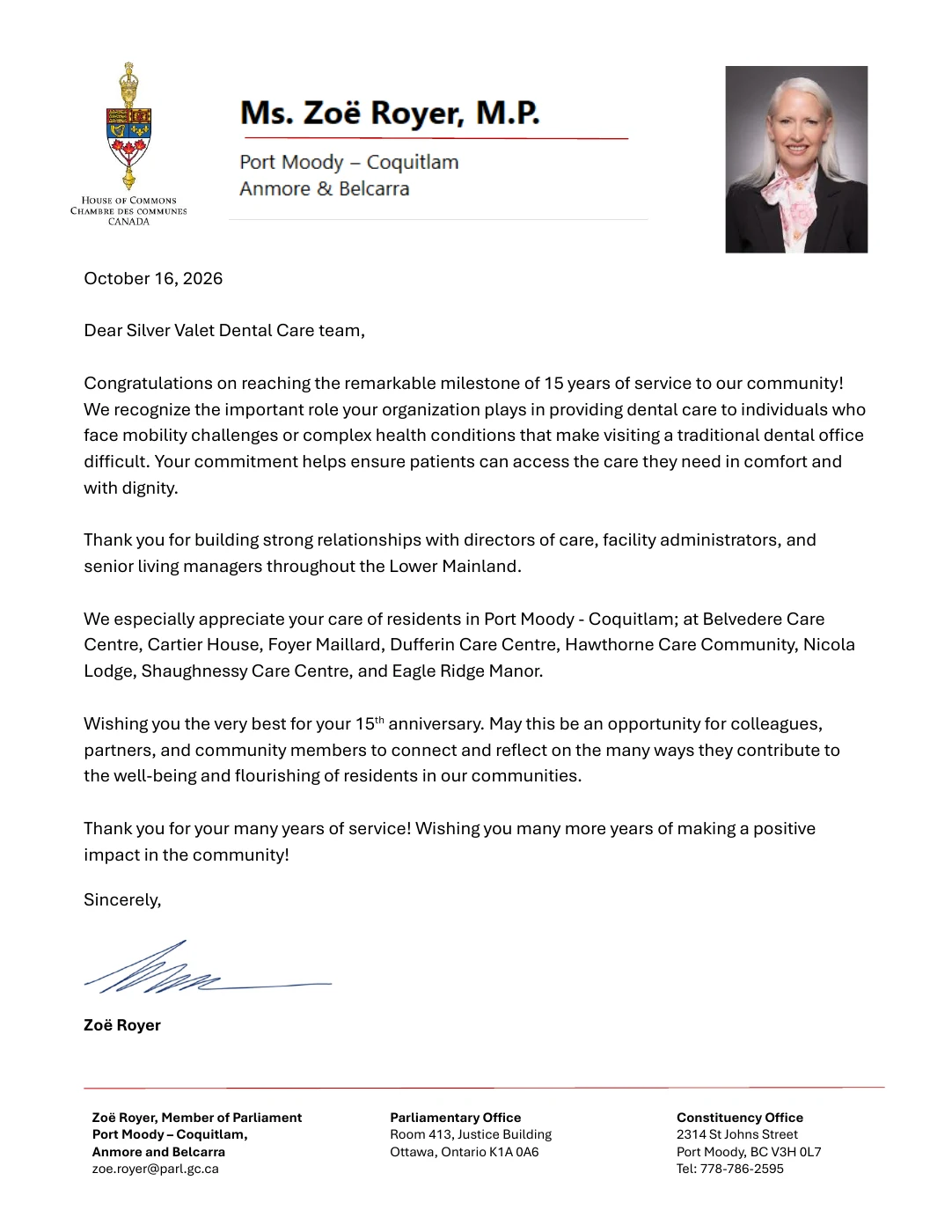 Letter from MP Zoë Royer