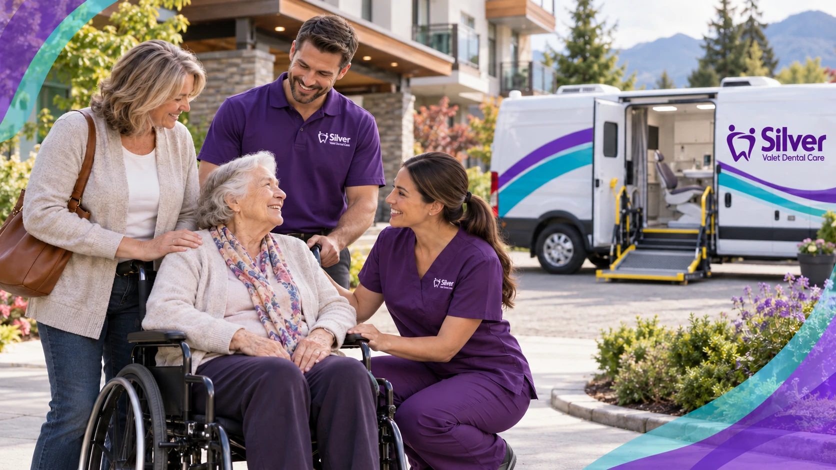 A senior with her family and Silver Valet care team beside an accessible mobile dental clinic